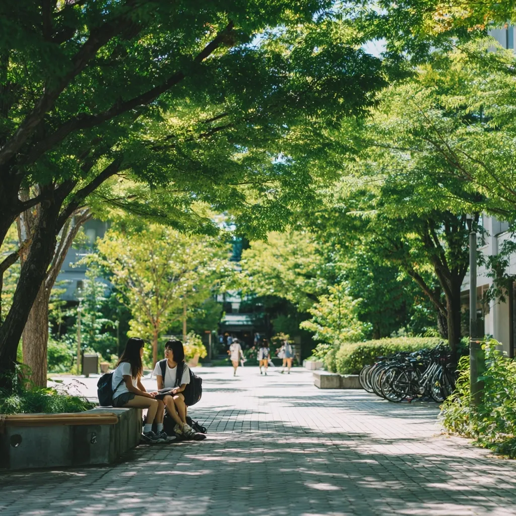 Two young women sit on a bench beneath a large, leafy tree on a sunny college campus.  They are engaged in conversation, their backpacks resting beside them.  A paved walkway stretches ahead, lined with lush greenery and a row of parked bicycles.  Other students are visible in the distance, creating a tranquil and idyllic campus scene.