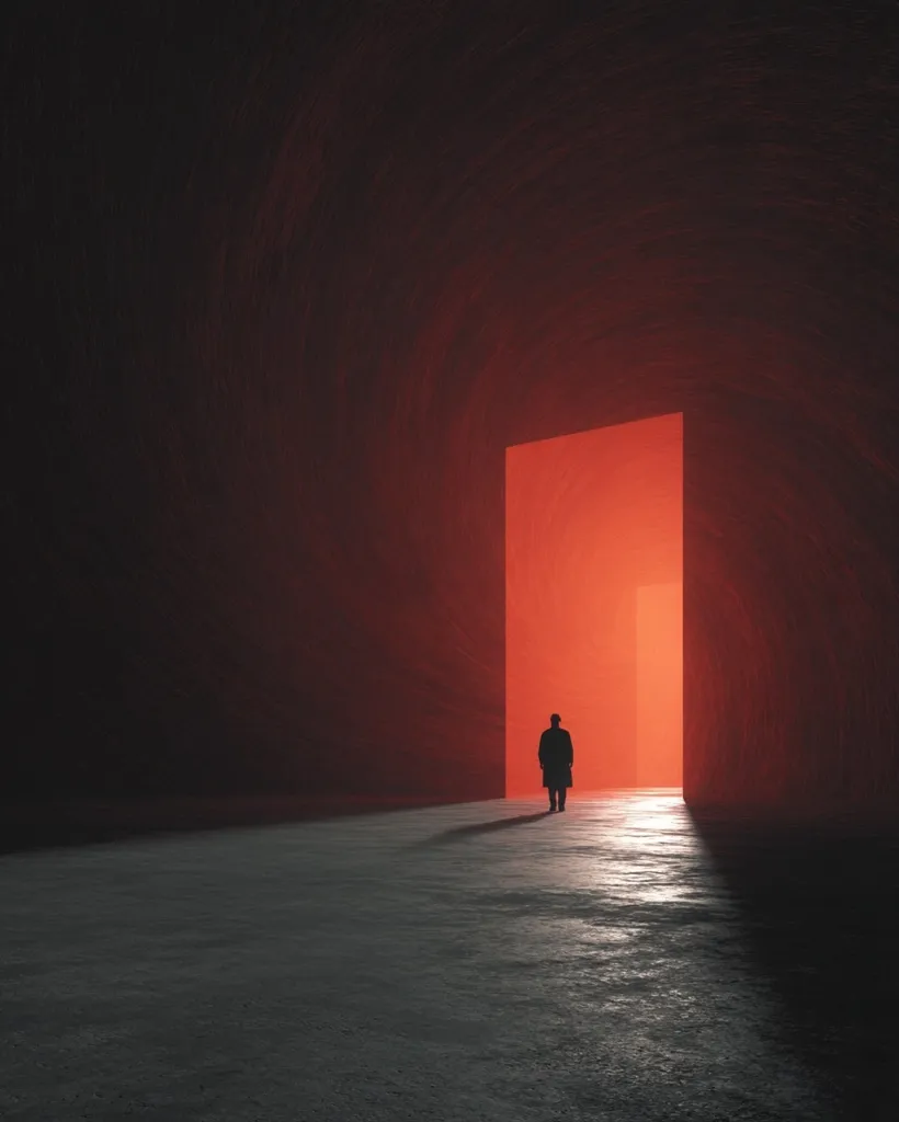 A lone figure in a dark coat stands in a dimly lit corridor, facing a glowing red doorway.  The stark contrast between the dark surroundings and the bright, red light emanating from the doorway creates a dramatic and mysterious atmosphere. The image suggests a journey into the unknown or a transition to a different state. The figure's silhouette is stark against the vibrant red light.