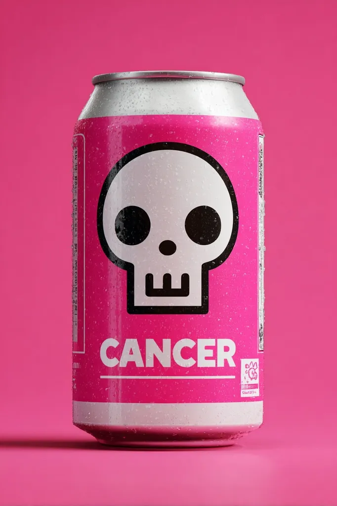 A pink aluminum can with condensation sits on a pink background.  The can features a stylized black and white skull graphic and the word "CANCER" prominently displayed in bold white lettering.  The overall design is stark and impactful, likely intended for a campaign related to cancer awareness or prevention.  The can appears to be a beverage container.