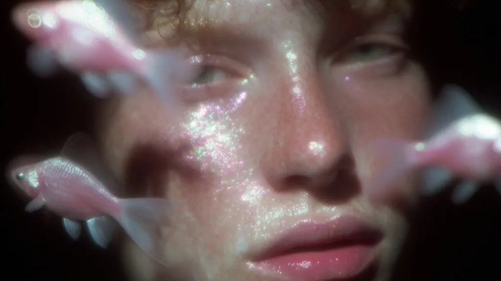 Close-up of a person's face covered in iridescent glitter, with several translucent pink fish swimming around. The image has a dreamy, ethereal quality, with soft lighting and a blurred background. The fish appear to be floating near the person's face, creating a surreal and captivating scene. The overall aesthetic is soft, whimsical, and slightly otherworldly.