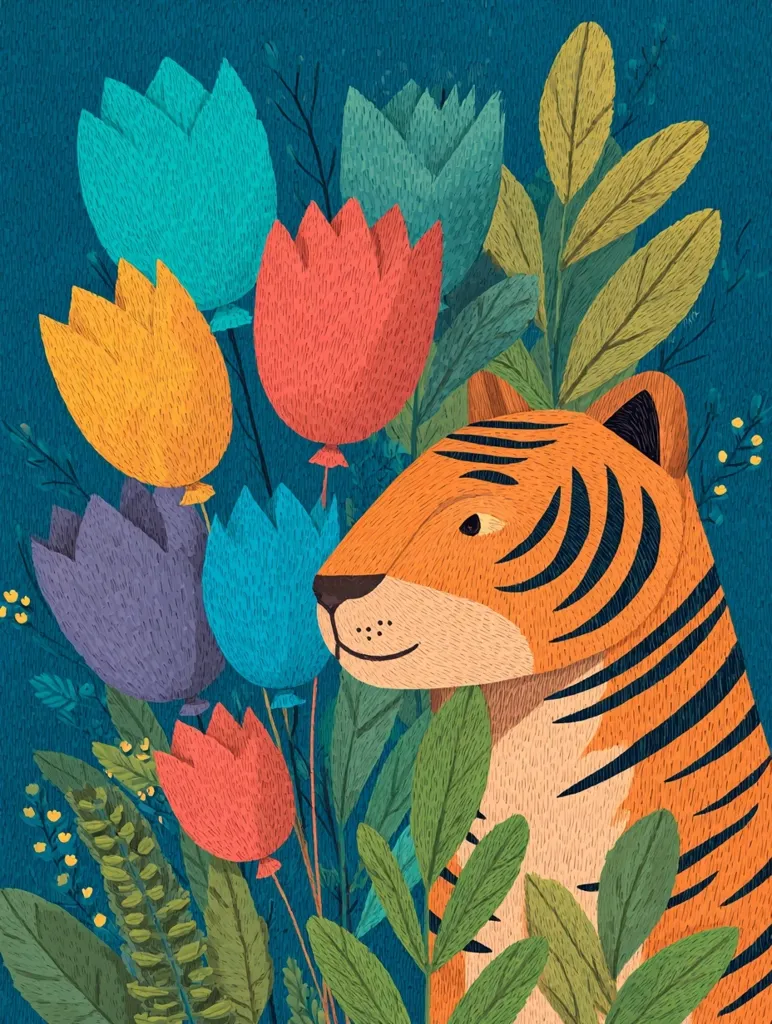 A charming illustration features a friendly tiger nestled amongst a vibrant bouquet of stylized tulips and lush foliage. The tiger, rendered in warm oranges and browns, gazes serenely to the side.  The tulips boast a variety of colors, including teal, orange, coral, and purple, creating a cheerful and colorful scene against a deep teal background. The artistic style is textured and slightly whimsical.