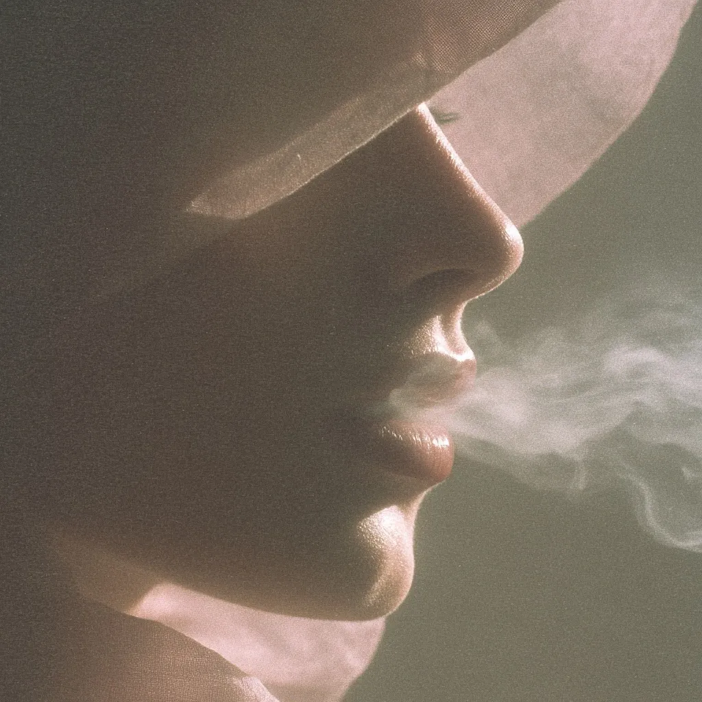 A close-up profile shot of a woman's face, partially obscured by a sheer, light-colored hat.  Her lips are parted, exhaling a wisp of smoke. The image is softly lit, creating a hazy, dreamlike atmosphere. The overall tone is muted and sensual.