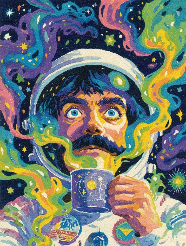 A vibrant, psychedelic illustration depicts an astronaut in a space helmet, his face partially visible.  He holds a mug emitting colorful, swirling vapor that resembles nebulae. The background is a cosmic scene filled with stars and galaxies, mirroring the fantastical steam. The overall style is reminiscent of retro-futurism, with bold colors and painterly textures.  The astronaut's expression is one of wonder or perhaps mild surprise.