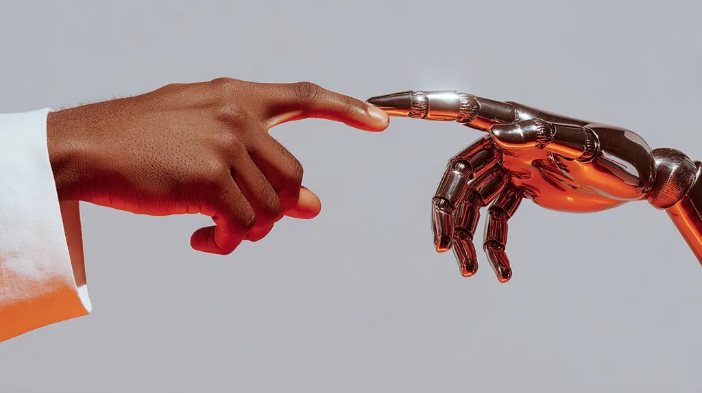 A human hand and a robotic hand reach toward each other, fingers nearly touching.  The human hand is dark-skinned, illuminated with warm orange light. The metallic robotic hand is highly detailed, reflecting a similar orange glow. The image suggests a connection between humanity and artificial intelligence, possibly representing collaboration or a merging of the two.
