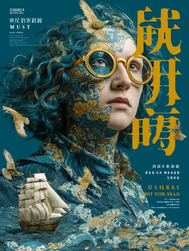 A woman's face is intricately adorned with a collage of ocean waves, birds, and ships, creating a surreal and artistic portrait. The image features a blend of realistic and fantastical elements, with the woman's face partially obscured by the detailed artwork.  Gold-rimmed round glasses add to the vintage aesthetic. The overall style is evocative of both classical and contemporary art.  Chinese characters are prominently displayed.