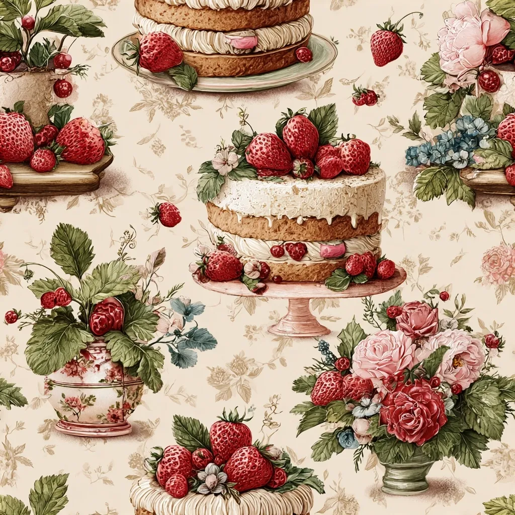 A cream-colored fabric features a repeating pattern of strawberry cakes on cake stands and floral arrangements in ornate vases.  The cakes are layered with creamy frosting and adorned with fresh strawberries.  The bouquets include roses and other flowers, complemented by lush strawberry plants. The overall style is vintage and romantic, suggesting a charming, whimsical aesthetic.