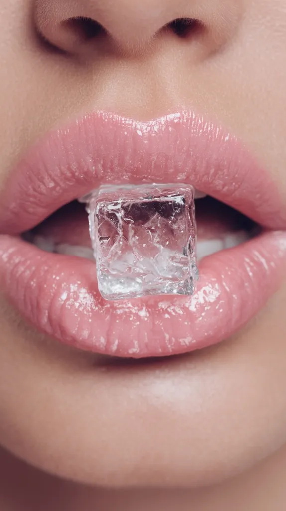 Close-up view of a woman's mouth with a single ice cube delicately held between her lips.  Her lips are full and glossy, a soft pink hue. The ice cube is clear and reflects light, contrasting with the smooth skin. The image is aesthetically focused on texture and color, creating a visually appealing contrast.