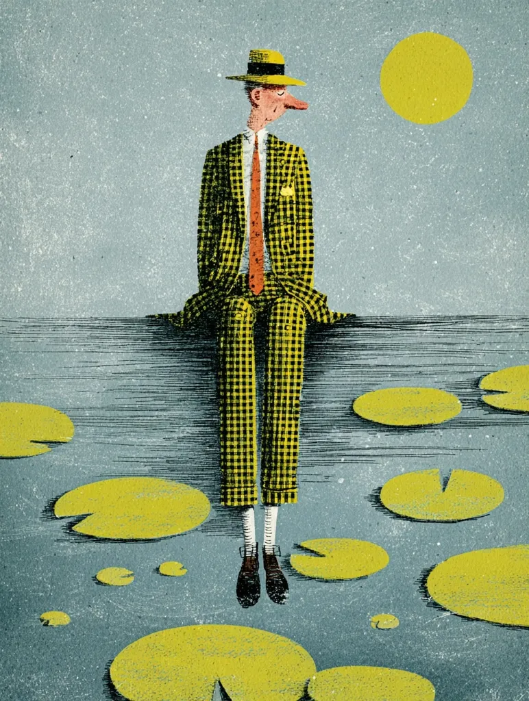 A stylized illustration depicts a man in a yellow checkered suit and hat seated on a ledge above a pond.  The man has an elongated nose and sits pensively, his gaze directed to the side.  Large, yellow lily pads dot the water's surface, mirroring the color of his suit. A yellow sun hangs in the pale sky, adding to the surreal and slightly melancholic mood. The textured background and distinct linework contribute to the image's artistic quality.