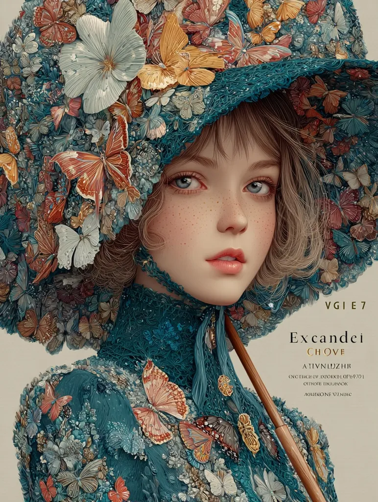 A young woman with fair skin and freckles is depicted wearing an intricately detailed teal bonnet adorned with numerous butterflies and flowers.  Her dress matches the bonnet's color and is similarly embellished. She holds a cane, and the overall style suggests a vintage or fantasy aesthetic. The image is highly detailed and visually rich, with a focus on the exquisite craftsmanship of the clothing and accessories.  The title "Excandei Chove" is visible in the bottom right corner.
