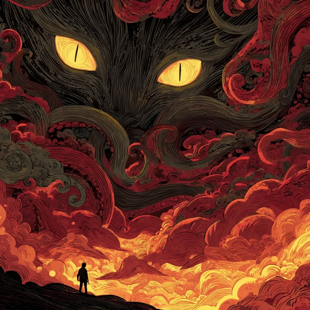A lone figure stands on a hill, silhouetted against a fiery, swirling sky.  Above, a colossal, dark creature with glowing yellow eyes dominates the scene. Its form is obscured by a tempestuous mass of red and black tendrils resembling smoke or clouds, creating a dramatic and ominous atmosphere. The artwork blends fantasy and horror elements, emphasizing the vastness and power of the creature.