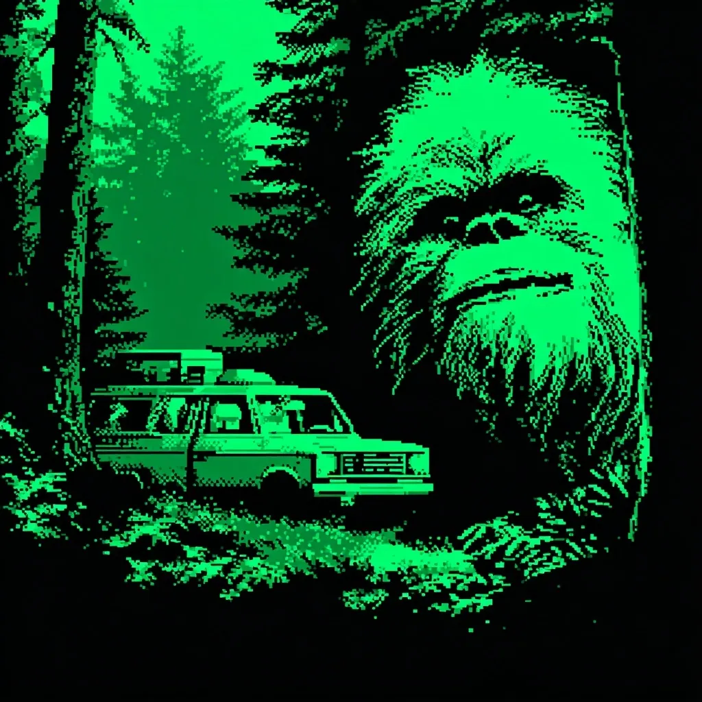 A pixelated image depicts a van parked in a dark, green forest.  The van is styled like a classic family vehicle, possibly a station wagon.  A large, pixelated Chewbacca-like creature looms in the background, its face partially obscured by the forest's darkness. The overall aesthetic suggests a retro video game or 8-bit graphic style, with a mysterious and slightly ominous atmosphere.