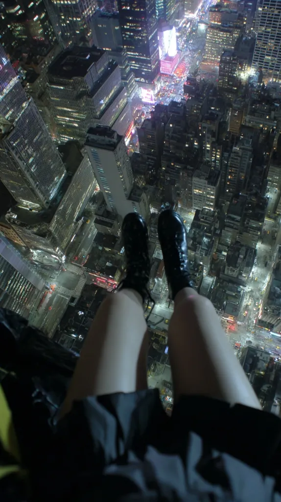 A person's legs dangle over the edge of a skyscraper at night, their black boots visible against the backdrop of a glittering city.  The cityscape stretches out below, a dense network of illuminated buildings and streets.  The scene evokes a sense of height, danger, and urban grandeur.  The image is taken from a high vantage point, showcasing the vastness of the city at night.