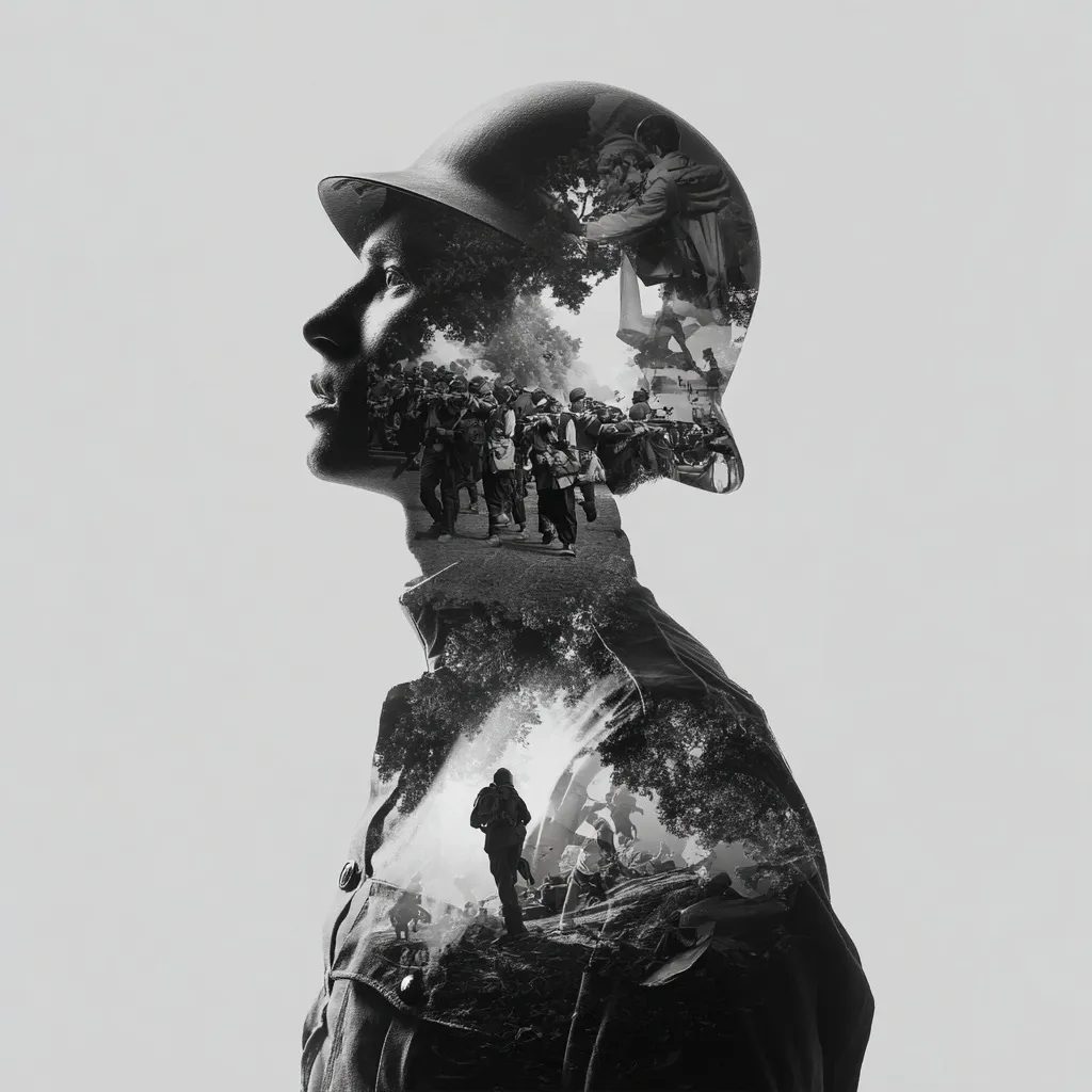 A striking monochrome double exposure image portrays a soldier's profile, their helmet seamlessly merging with scenes of wartime conflict.  Inside the soldier's head are images of marching troops and a solitary figure on a battlefield. The overlapping imagery evokes the weight of memory and the enduring impact of war on the individual. The overall effect is one of poignant reflection and the lasting psychological toll of combat.