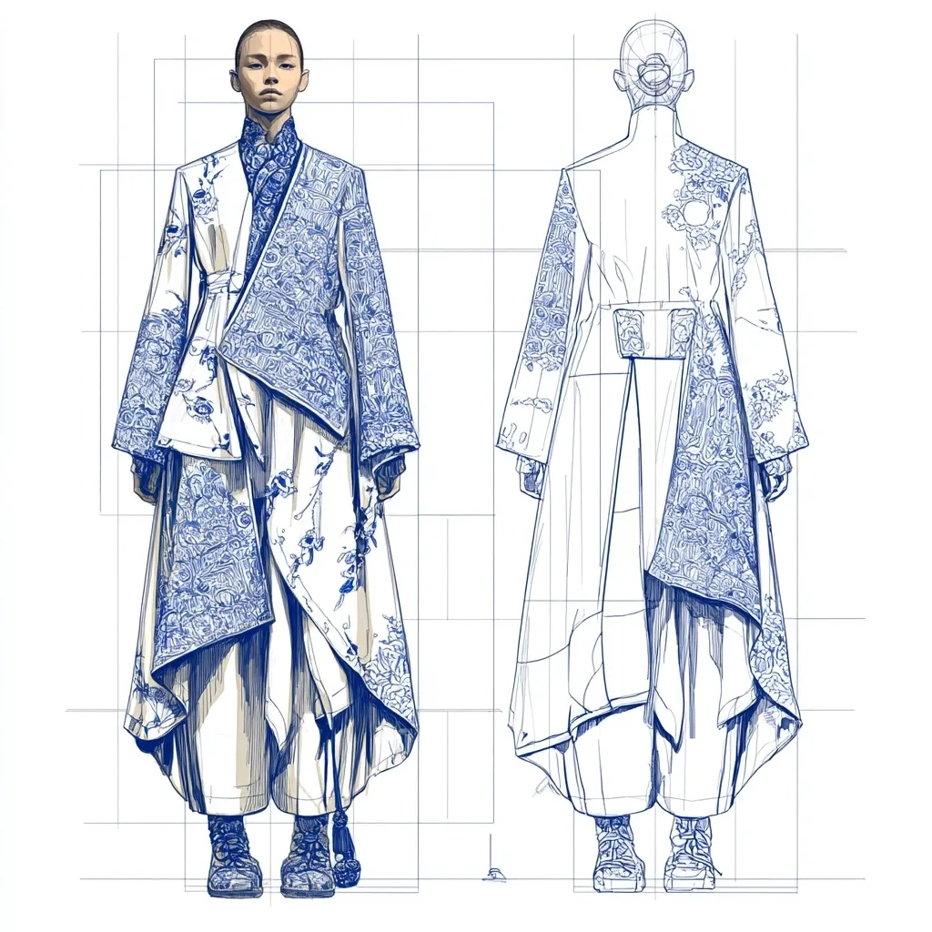 A fashion design sketch showcases a model wearing an avant-garde outfit.  The garment is a long, asymmetrical coat with blue and white porcelain-inspired patterns.  The coat features a draped design with overlapping layers, creating a visually complex silhouette.  The accompanying back view drawing reveals the construction details and flow of the fabric.  The model wears dark boots, completing the ensemble.  The sketch is overlaid with a grid suggesting technical design specifications.