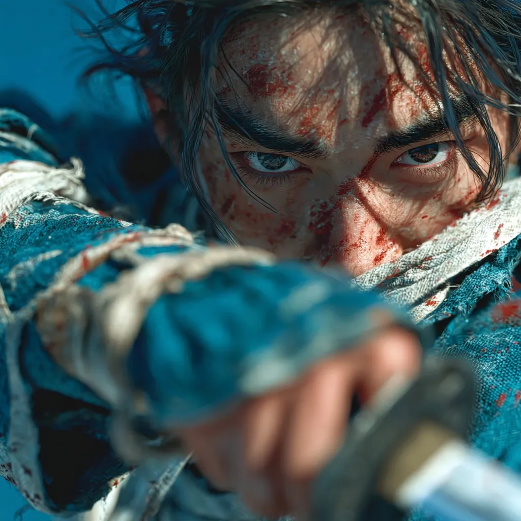 A close-up shot depicts a bloodied samurai, his face splattered with crimson.  His intense gaze is directed at the viewer from behind a partially obscured katana.  The teal fabric of his clothing is torn and stained, adding to the gritty, battle-worn aesthetic. The image emphasizes the ferocity and determination of the warrior.