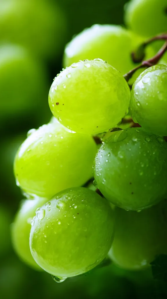 A close-up shot reveals a cluster of glistening green grapes, their surfaces adorned with tiny water droplets.  The vibrant color and plumpness of the grapes suggest freshness and ripeness. The background is blurred, focusing attention on the juicy fruit.  The image evokes a feeling of natural sweetness and abundance.