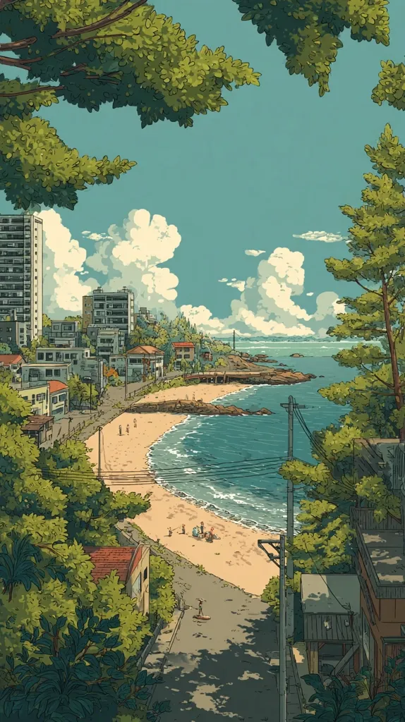 A picturesque coastal town scene unfolds under a bright, partly cloudy sky.  Lush green trees frame the view, overlooking a sandy beach curving gently around a rocky coastline.  Buildings, ranging from apartments to small houses, line the hillside, leading down to the shore where a few people relax and enjoy the sun.  The calm ocean waves gently lap the sand, creating a tranquil summer atmosphere.