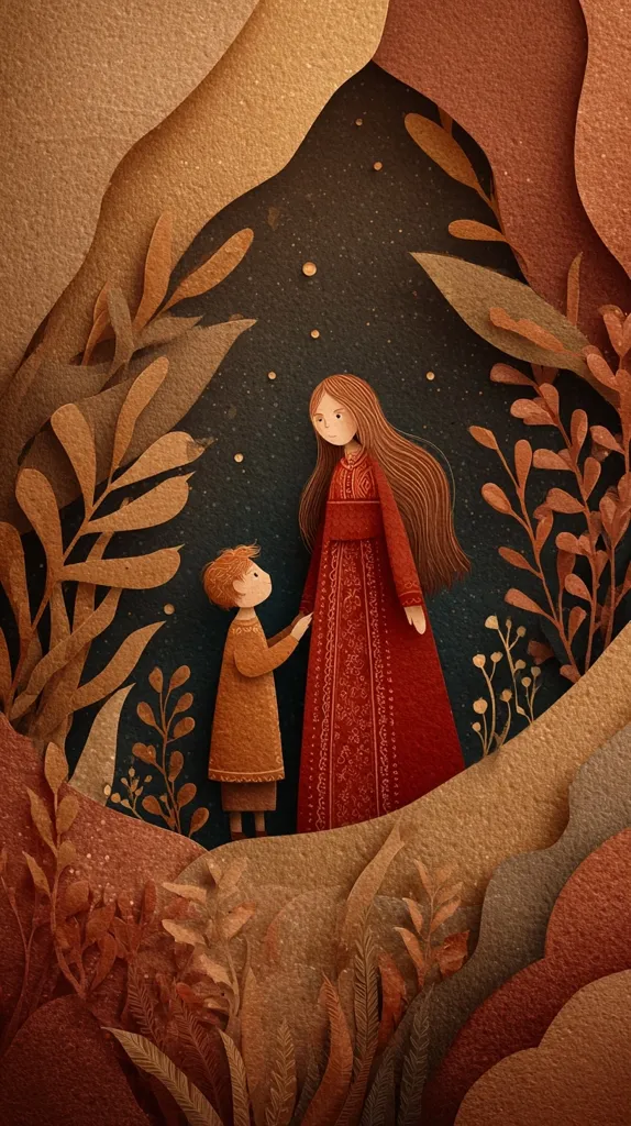 A paper-cut style illustration depicts a woman in a long red dress and a child in a brown coat standing hand-in-hand. They are nestled within a whimsical landscape of layered, earthy-toned foliage against a dark starry night. The scene evokes a sense of warmth, intimacy, and magical storytelling, accentuated by the intricate detail and textured aesthetic of the artwork.  The colors are muted and rich, creating a calming and enchanting atmosphere.
