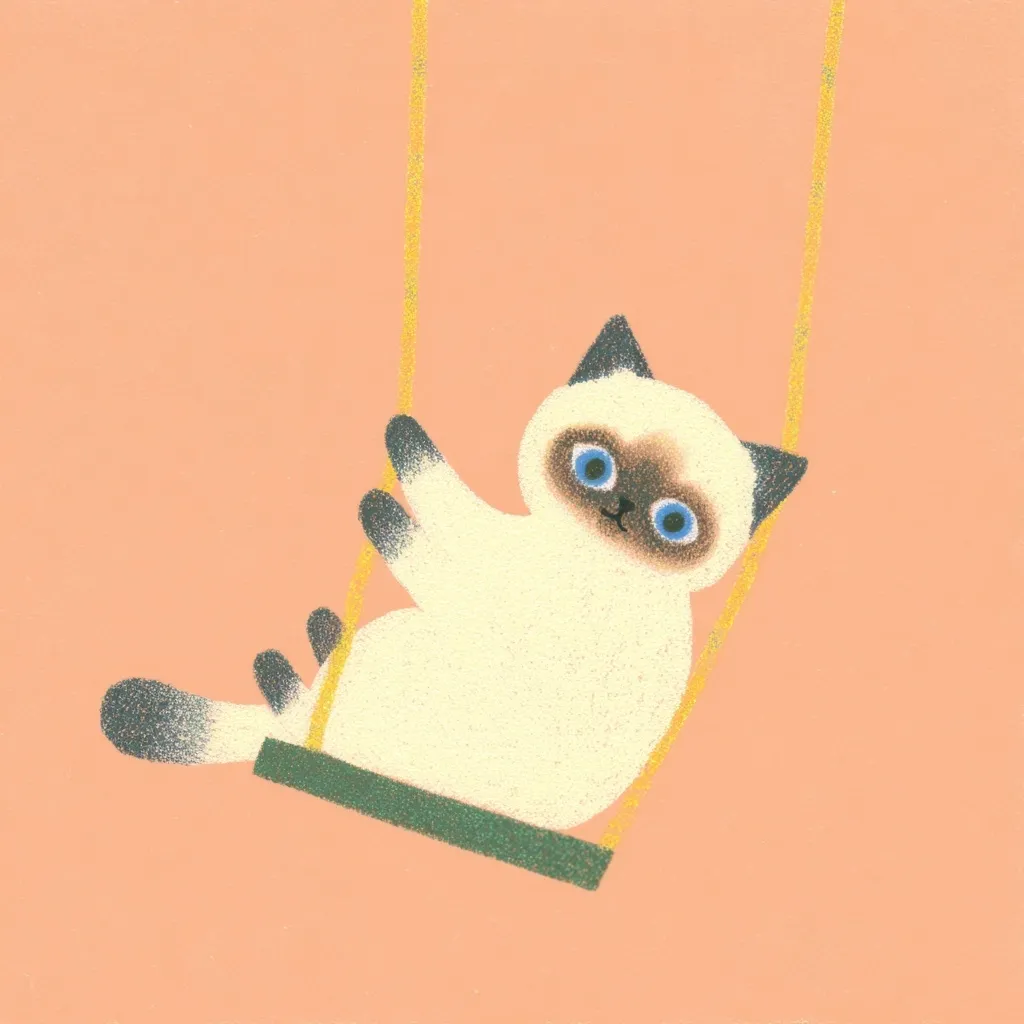 A charming illustration depicts a fluffy Siamese kitten enjoying a swing ride.  The kitten, with striking blue eyes and pointed ears, sits contentedly on a simple wooden swing set against a soft peach background. The style is minimalist and whimsical, evoking feelings of warmth and innocence. The kitten's textured fur and the slightly rough edges of the illustration contribute to its hand-drawn charm.