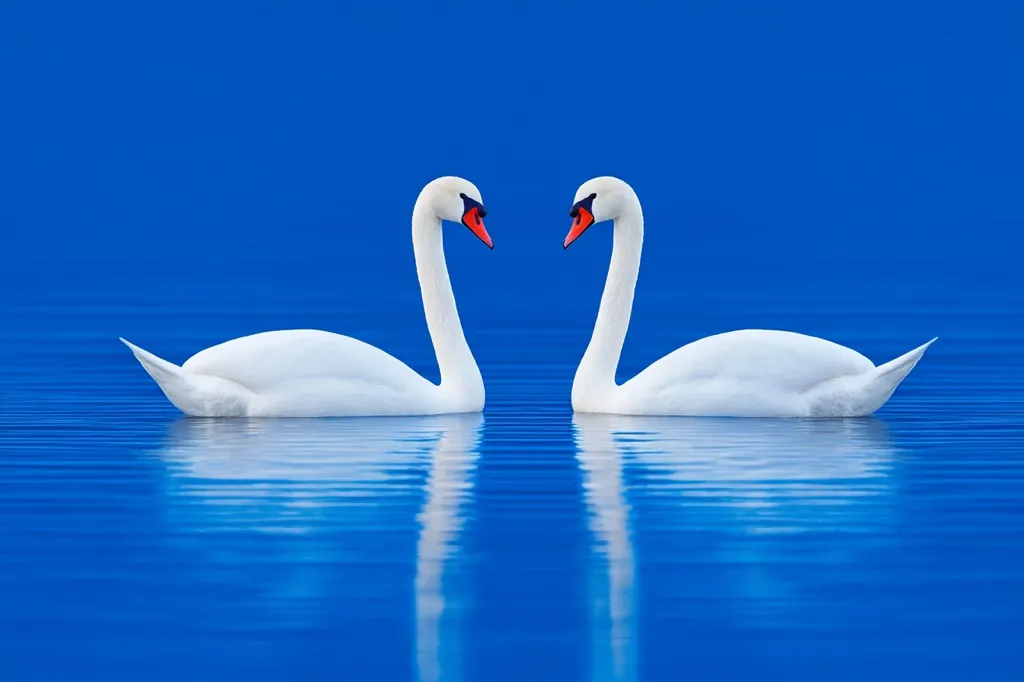 Two graceful white swans face each other on a calm, vibrant blue lake.  Their elegant necks curve towards each other, creating a heart shape.  The swans' reflections are perfectly mirrored in the still water, enhancing the serene and romantic atmosphere of the image.  The deep blue background provides a striking contrast to the swans' pristine white plumage.