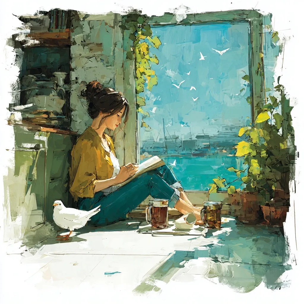 A young woman with brown hair sits on the floor by a window, writing in a notebook.  She's wearing a mustard yellow cardigan and jeans.  Outside, a harbor scene is visible, with boats and seagulls in a bright, sunny sky. A white dove sits nearby, and two mugs rest on the floor beside her. The painting style is loose and expressive, with visible brushstrokes.  The overall mood is peaceful and contemplative.