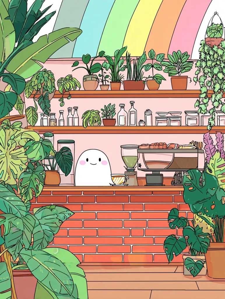 A whimsical illustration depicts a plant-filled coffee shop.  A friendly ghost sits at the counter, which is constructed of red brick.  Shelves above are stocked with various bottles, jars, and an array of potted plants. A rainbow archway adds a vibrant touch to the charming, cozy atmosphere. Lush greenery is abundant, creating a serene and inviting space.