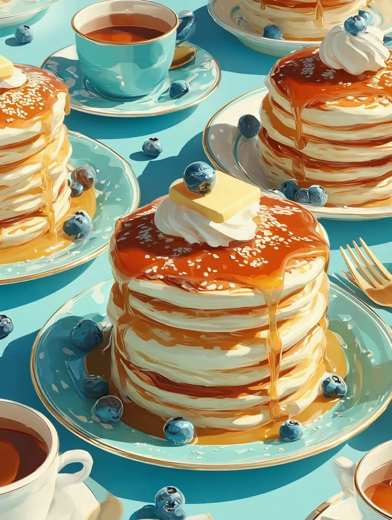 A vibrant illustration showcases a delightful breakfast scene.  Several stacks of fluffy pancakes, drizzled with golden syrup and sprinkled with sesame seeds, are artfully arranged.  Each stack is topped with whipped cream and blueberries.  Teal teacups and saucers, scattered among the pancakes, complete the cheerful, sunny setting.  The overall style is bright and whimsical, creating a tempting visual feast.