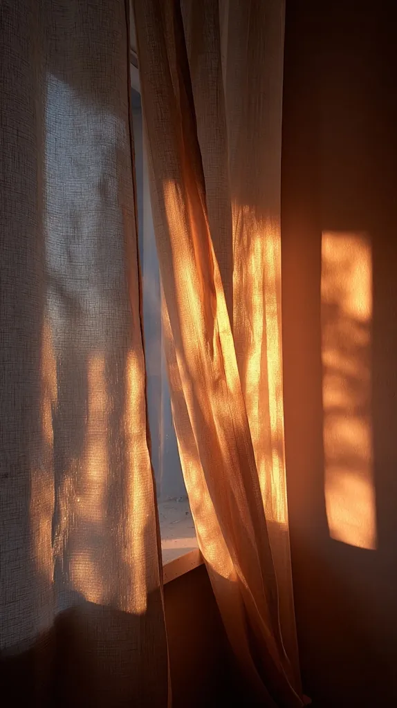 Golden sunlight streams through sheer beige curtains, casting warm shadows on a wall.  The light filters through the fabric, creating a soft, ethereal glow in the room. The curtains are gently draped, adding to the peaceful ambiance.  The scene evokes a sense of calm and tranquility.