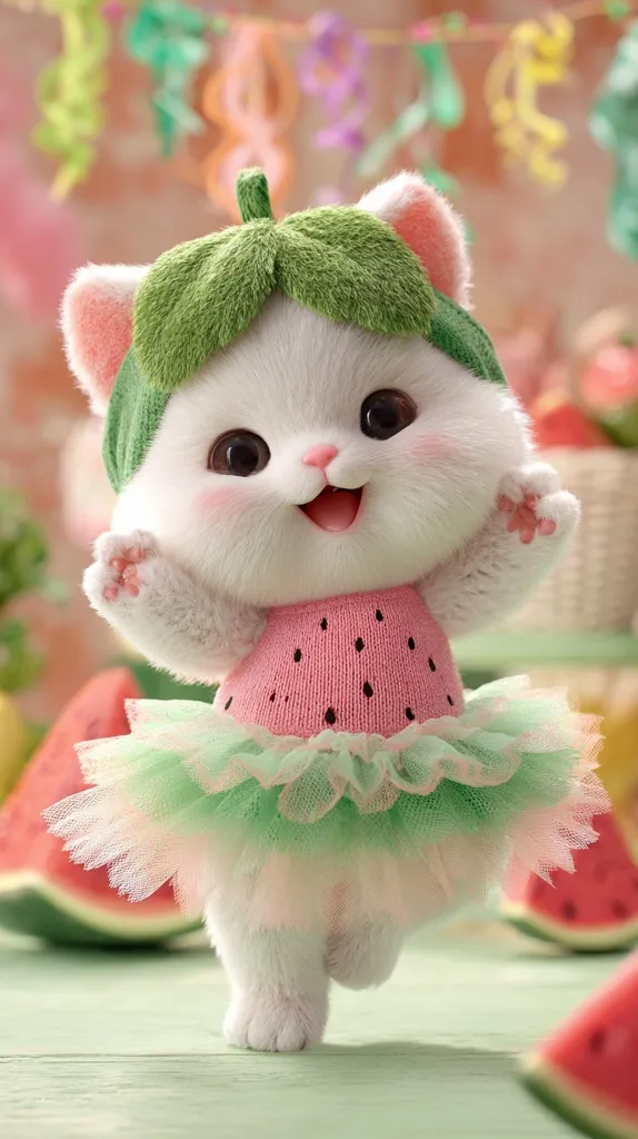 A charming, fluffy white kitten, adorned in a watermelon-themed outfit, stands center stage.  The kitten wears a green leaf headpiece and a pink watermelon-patterned bodice over a pale green tutu.  Slices of watermelon surround it on a pastel green surface, creating a summery, whimsical scene. The overall style is cute and cartoonish.