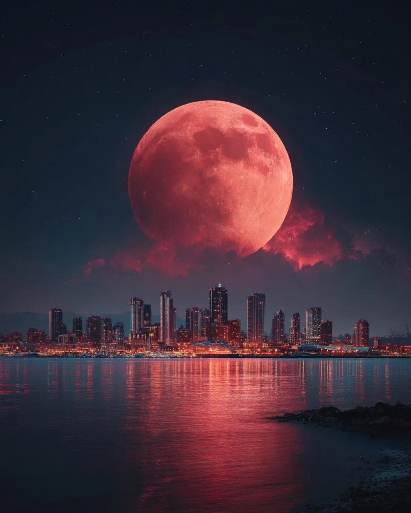 A vibrant, crimson moon dominates the night sky, casting a reddish glow on a cityscape reflected in calm waters.  The city skyline, illuminated with warm lights, stretches across the horizon.  Stars twinkle in the dark expanse above, creating a surreal and captivating scene. The overall mood is dreamlike and dramatic.