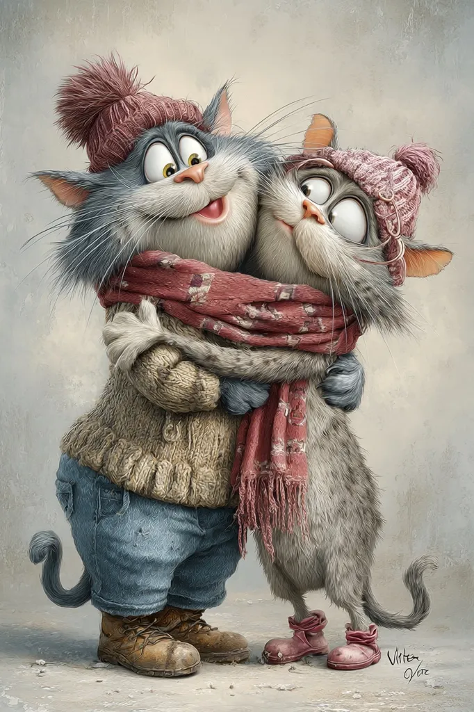 Two anthropomorphic cats, bundled in winter attire, embrace warmly.  The larger cat, wearing a knitted sweater, jeans, and boots, holds the smaller cat close with a rosy scarf wrapped around both.  Both cats wear knitted hats and have expressive, cartoonish features. The scene is painted in a realistic style, creating a heartwarming and whimsical image.