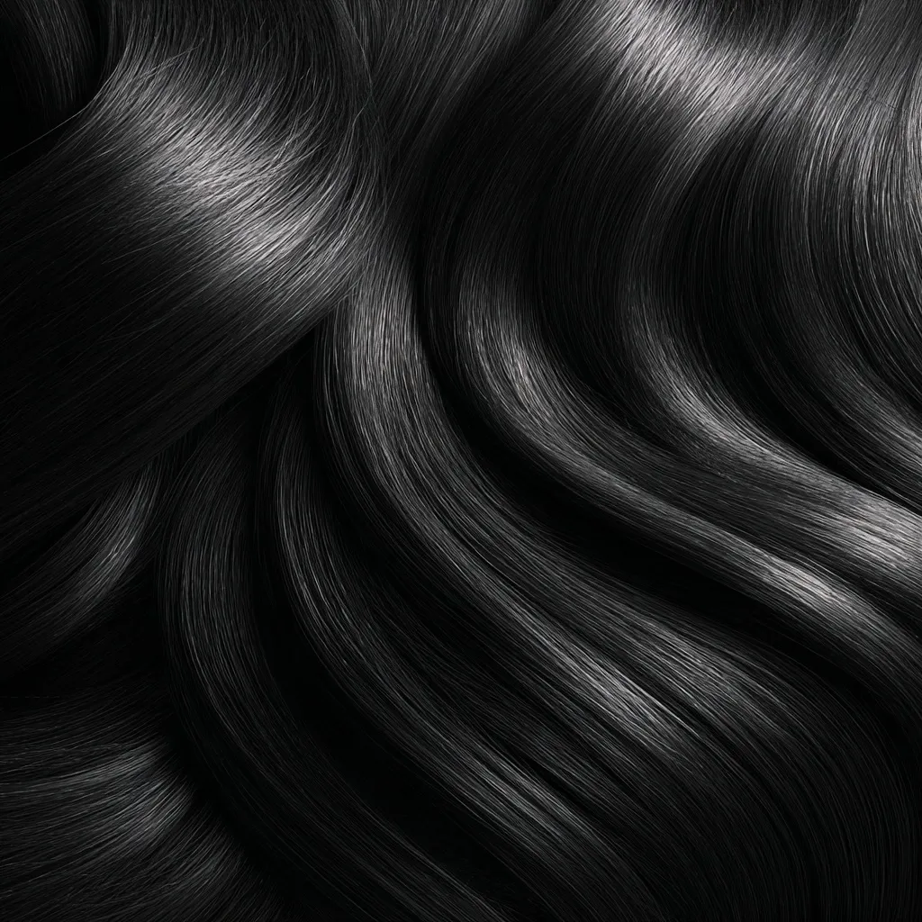 The image showcases a close-up view of long, flowing black hair.  The strands are smooth and glossy, exhibiting a deep, rich black color.  The hair is styled in soft, undulating waves, creating a luxurious and elegant texture.  The overall impression is one of smoothness, shine, and healthy, vibrant hair.