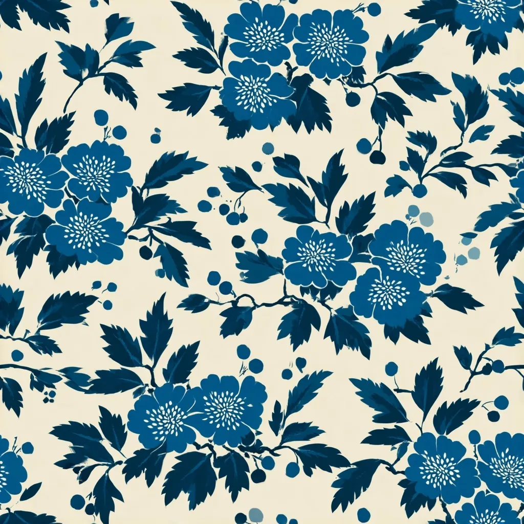A seamless floral pattern features vibrant blue blossoms and leaves on a creamy off-white background. The stylized flowers resemble peonies, densely packed with petals and exhibiting a bold, graphic quality.  Dark blue leaves and small berry-like accents are interspersed throughout the design, creating a visually rich and balanced repeat. The style is reminiscent of traditional block-printed textiles.