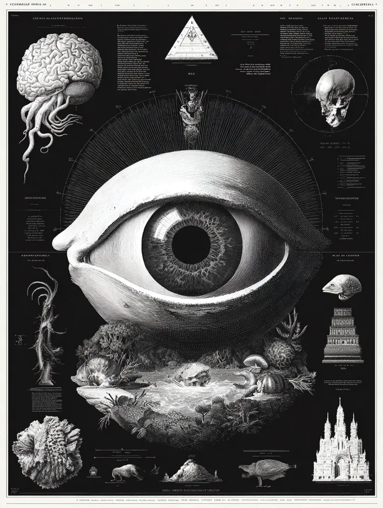 A detailed, black and white illustration resembling an anatomical chart.  A giant eye dominates the center, surrounded by smaller images of a brain, skull,  a landscape, and architectural structures.  Intricate engravings and text are scattered throughout, suggesting a scientific or occult theme. The style is reminiscent of vintage anatomical drawings or alchemical texts. The overall impression is one of intricate detail and symbolic representation.