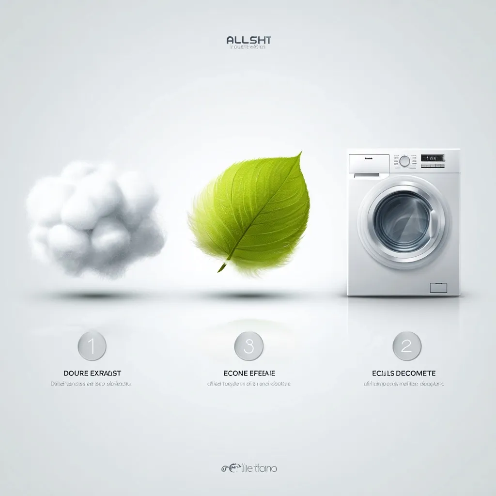 The advertisement showcases a white washing machine, flanked by a fluffy cotton cloud and a vibrant green leaf.  The design emphasizes three key features: long-lasting durability, eco-friendly efficiency, and easy cleaning.  The numbered steps visually represent these attributes, suggesting a balance between performance and environmental consciousness. The brand name "ALLSHT" is subtly positioned at the top.