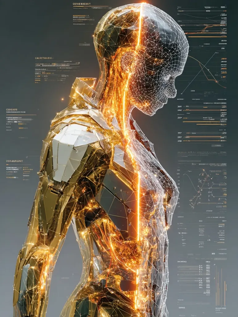 A digital rendering depicts a golden, humanoid robot, its form partially transparent, revealing an internal network of glowing orange lines.  The robot's body is intricately detailed, resembling a metallic exoskeleton.  It's positioned against a backdrop of futuristic data streams and graphs, enhancing the technological and advanced aesthetic. The overall impression is one of technological sophistication and bio-mechanical integration.