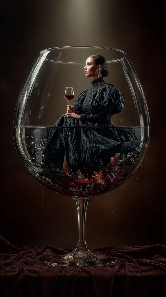 A woman in a dark, elegant gown sits inside a large, stemmed glass filled with water and red floral elements.  She holds a wine glass, creating a surreal and artistic image. The dark background and dramatic lighting enhance the mysterious mood, emphasizing the juxtaposition of the woman and the oversized vessel. The overall effect is one of sophisticated fantasy.