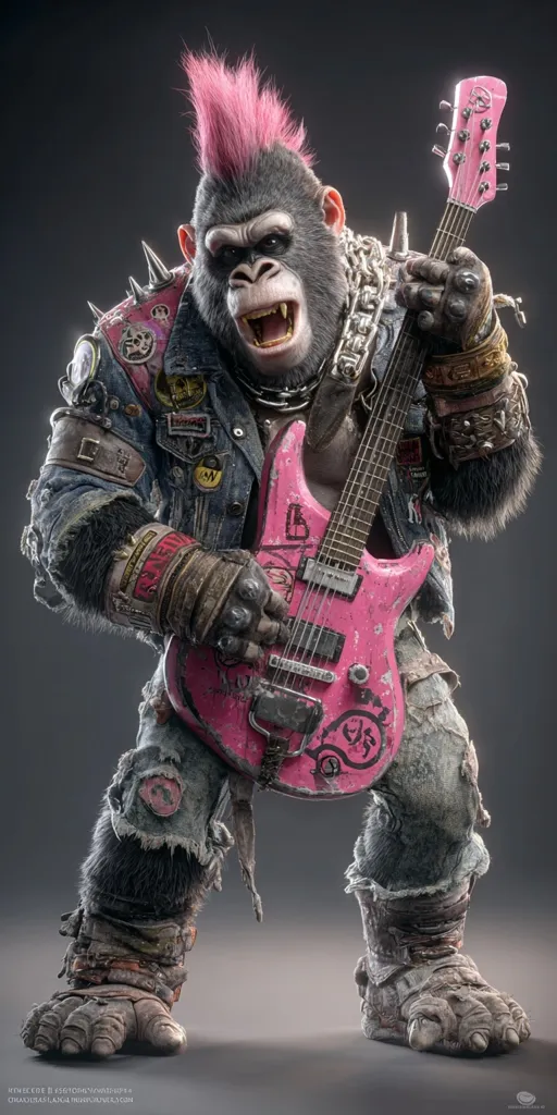A fierce-looking gorilla, sporting a vibrant pink mohawk and ripped denim jacket adorned with patches, shreds a pink electric guitar.  His powerful stance and intense expression convey a rebellious spirit.  The gorilla's attire is heavily distressed, adding to the overall punk rock aesthetic.  The image is a striking digital rendering of a punk rock gorilla musician.