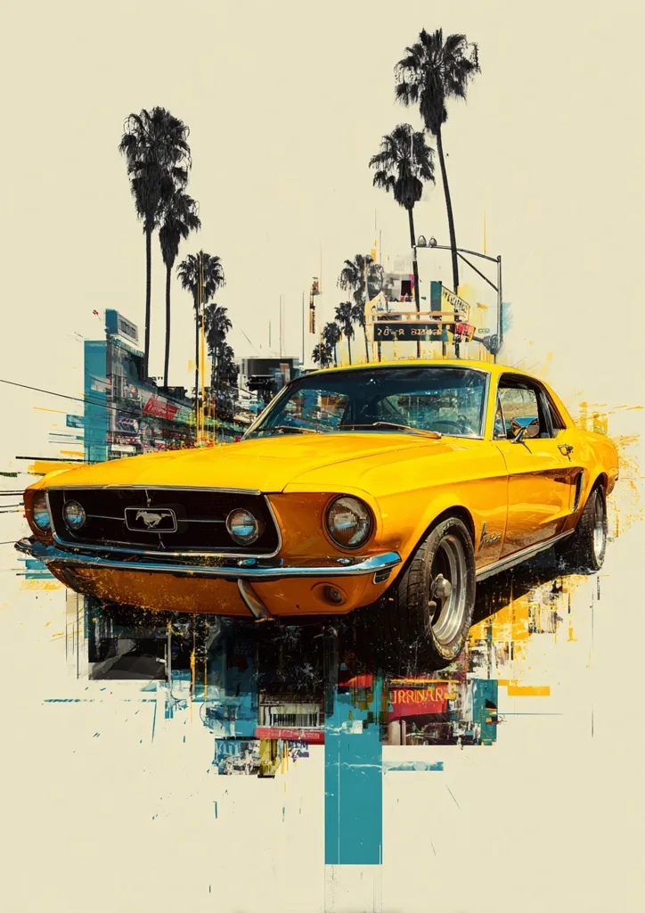 A vibrant illustration features a classic yellow Ford Mustang, sharply rendered against a stylized backdrop of a palm-tree-lined California street.  The art style is a blend of photorealism and abstract expressionism, with fragmented, textured elements adding depth and movement. The overall effect evokes a sense of nostalgic Americana and sunny California vibes. The Mustang is the clear focal point, showcasing its iconic design.