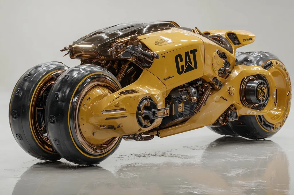 A futuristic, yellow motorcycle design, branded with the Caterpillar "CAT" logo, is showcased.  The bike features a unique, exposed engine, large, treaded wheels, and a sleek, aerodynamic body.  Gold accents highlight the mechanical details, creating a striking contrast against the matte yellow finish.  The overall aesthetic is one of high-tech industrial design with a blend of ruggedness and elegance.