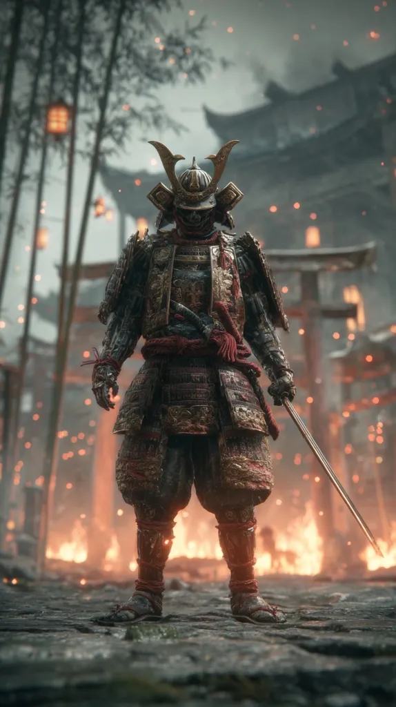 A lone samurai, clad in ornate, battle-worn armor, stands amidst the fiery ruins of a Japanese village.  His katana rests at his side, the flames illuminating his stoic face and the intricate details of his helmet and armor.  The background suggests a recent battle, with burning structures and a hazy atmosphere.  The image conveys a sense of both strength and somber reflection.