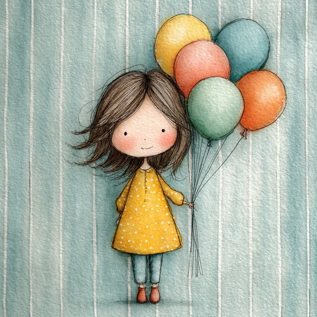 A charming watercolor illustration depicts a little girl with brown hair, wearing a yellow polka-dotted dress and blue pants.  She holds a bunch of pastel-colored balloons—yellow, peach, teal, and orange—against a pale blue, vertically striped background. The girl's sweet expression and the soft colors create a gentle and heartwarming scene. The style is reminiscent of children's book illustrations.
