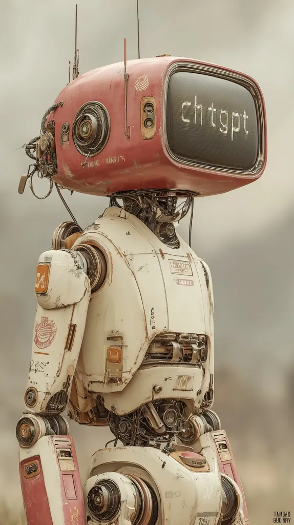 A weathered, vintage-style robot is depicted, its head resembling a retro television displaying "chtgpt."  The robot's body is cream-colored with red accents, showing signs of wear and intricate mechanical details.  Its design blends retro aesthetics with futuristic robotics, creating a unique and detailed visual. The overall style is reminiscent of steampunk or retro-futurism.