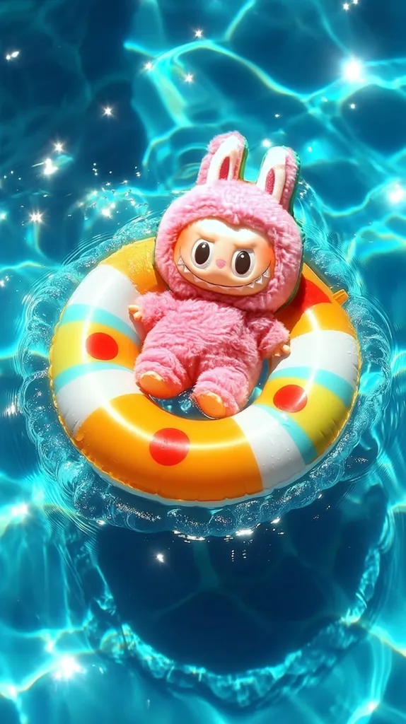 A pink bunny-suited plush toy floats serenely in a vibrant blue swimming pool on a colorful inflatable ring.  Sunlight glints off the water's surface, creating sparkling highlights. The toy's expression is playful, and the scene evokes a feeling of summer fun and carefree relaxation.