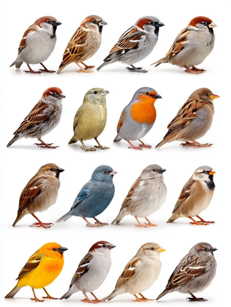 A collection of fifteen small birds, predominantly sparrows, are presented against a white background.  Variations in plumage color and shade are evident, ranging from browns and grays to a vibrant yellow and a muted blue.  The birds are individually posed, showcasing their diverse features.  Several sparrows display subtle differences in markings and coloration, while other species, such as a robin, are also included.