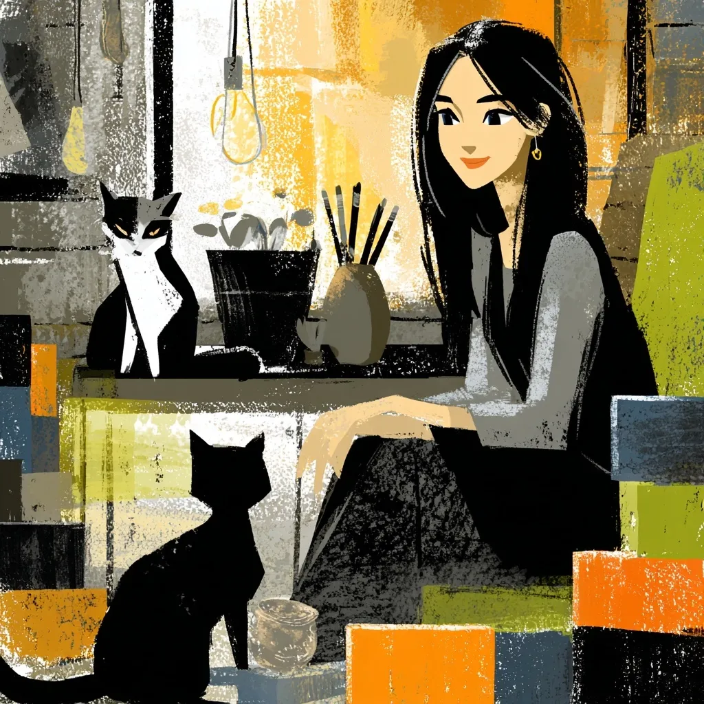 A stylized illustration depicts a young woman with long black hair seated at a desk, flanked by two cats.  One cat is black, the other is black and white.  Art supplies are visible on the desk, alongside a potted plant.  The overall style is bold and graphic, using blocks of color and texture to create a vibrant, slightly melancholic atmosphere within a cozy indoor setting.  The scene evokes a feeling of quiet contemplation and creative energy.