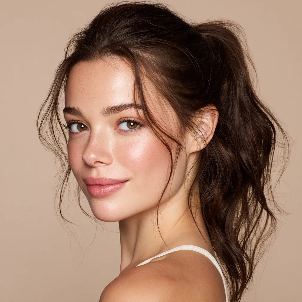 A young woman with a radiant complexion and subtly wavy brown hair styled in a loose ponytail.  Her makeup is natural and enhances her features. She is looking over her shoulder, creating a three-quarter profile view. The image is set against a neutral beige background. Her expression is soft and inviting.