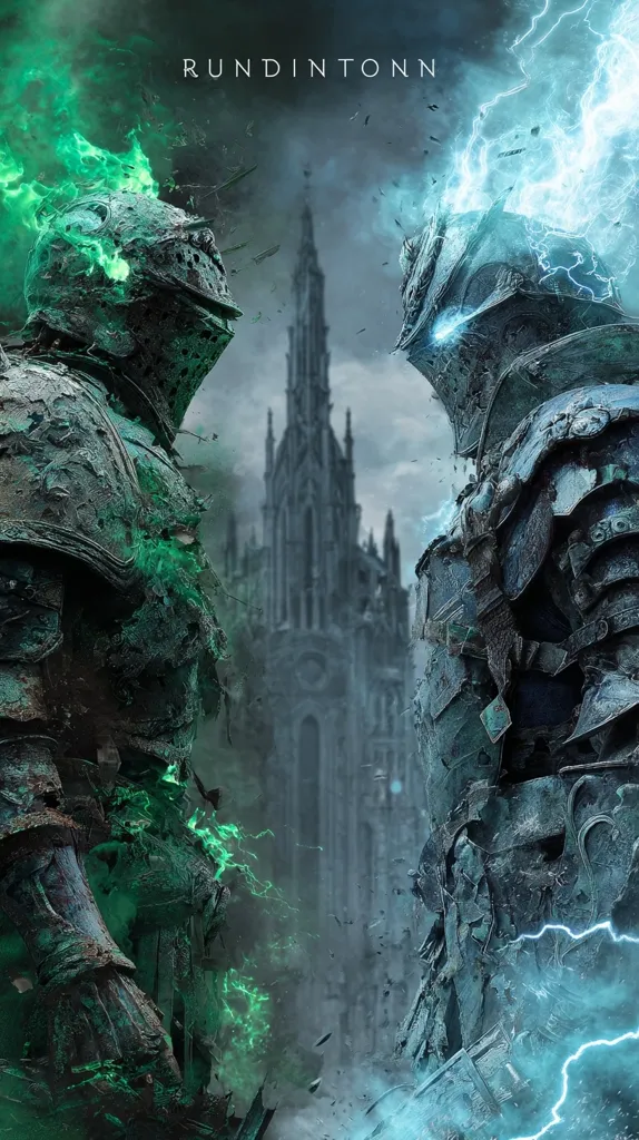 Two colossal, decaying knights face off against each other, their armor imbued with contrasting elemental energies; one radiates a vibrant green, the other a chilling blue.  Lightning crackles around them, enhancing the dramatic tension. A gothic cathedral looms in the background, a silent witness to their impending conflict.  The artwork's title, "RUNDINTONN," is displayed prominently.