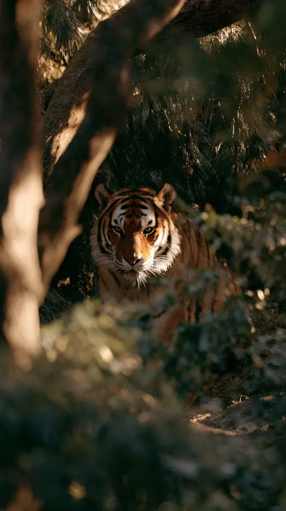 A majestic tiger, partially concealed by lush foliage and the shadows of a large tree, stares intently towards the viewer.  Its orange and black stripes are visible, and its intense gaze is captivating.  The dappled sunlight filters through the leaves, creating a dramatic, natural setting. The overall mood is one of mystery and wild beauty.