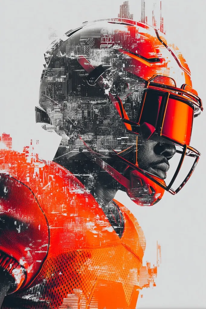 A stylized portrait of an American football player, rendered in vibrant orange and black. The image is a digital composite, layering a city landscape onto the player's helmet and jersey, creating a futuristic, urban feel.  The player's face is partially obscured by the helmet and the digital overlay, yet his determined expression is still visible. The texture is gritty and high-contrast, giving a sense of movement and energy.
